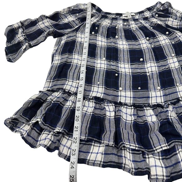 Fever Womens Plaid Ruffle Top W/ Pearl Embellishments Size 8 Rayon Navy & White - Picture 6 of 8
